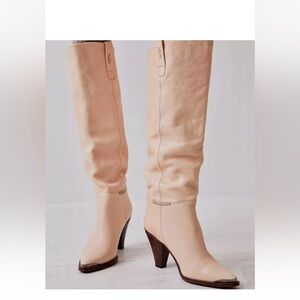NEW Free People Stevie Leather Western Tall Knee Boots in Cream 7.5 38